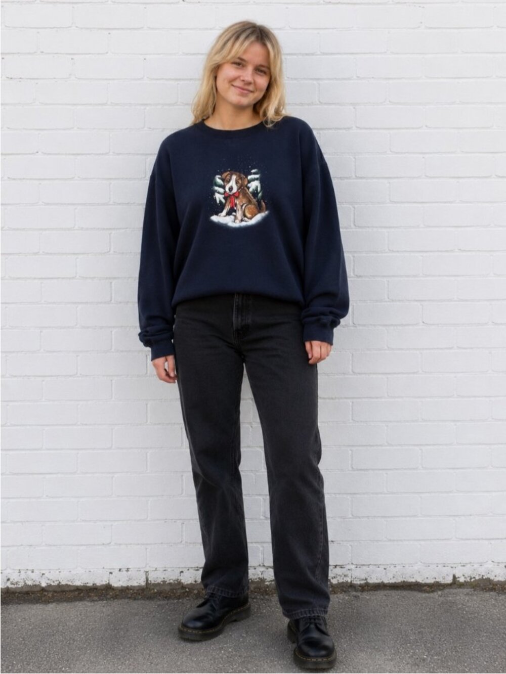 Vintage Christmas Puppy Dog Sweatshirt Navy Blue Winter cozycore 90s Size XL